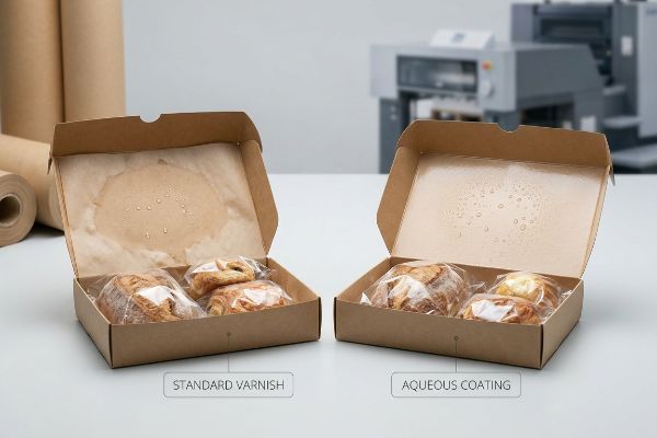 Two food packaging boxes comparing Standard Varnish with absorbed moisture and Aqueous Coating repelling water droplets, protecting baked goods.