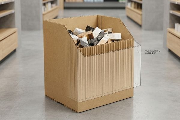 Bac de rangement en carton ondulé présentant un alignement vertical des cannelures, rempli de produits dans un environnement de vente au détail.