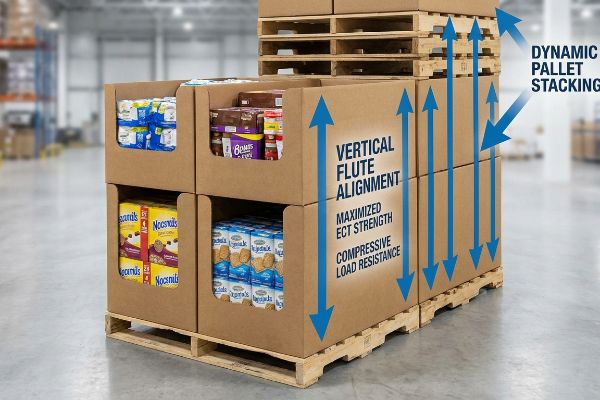 Brown corrugated wholesale PDQ displays on pallets, highlighting Vertical Flute Alignment for Maximized ECT Strength, Compressive Load Resistance, and Dynamic Pallet Stacking.