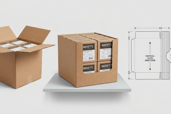 Corrugated shelf-ready packaging with Harvey's products, an open shipping box, and a diagram illustrating vertical flute direction.