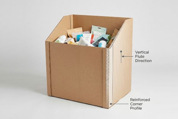 Brown corrugated dump bin display showcasing Vertical Flute Direction and a Reinforced Corner Profile for enhanced stability.