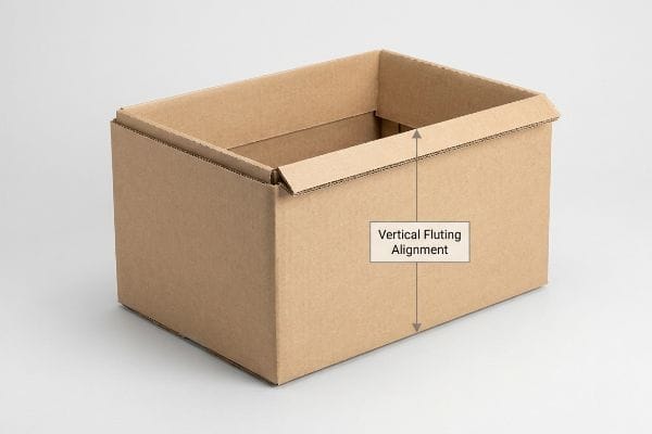 Brown corrugated cardboard half slotted container with an arrow indicating Vertical Fluting Alignment, crucial for open-top bin strength.