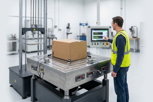 Brown corrugated packaging box on a kinetic vibration table, a technician monitors ISTA diagnostic calibration data on a touchscreen.