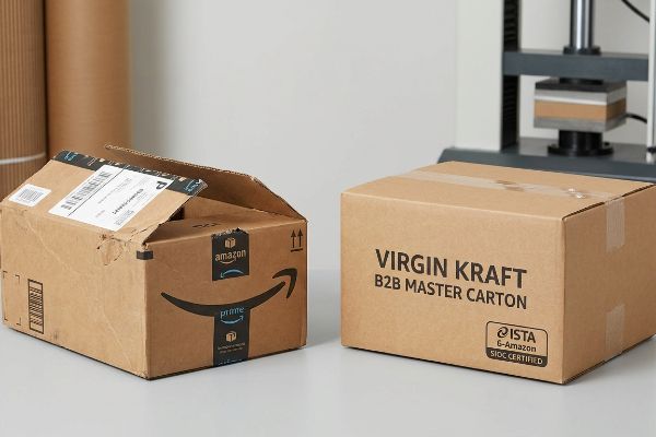 Virgin Kraft B2B Master Carton, ISTA 6-Amazon SIOC Certified, alongside an open Amazon Prime mailer.