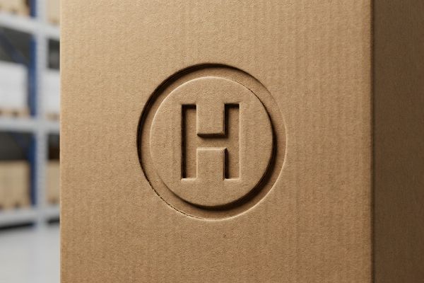 Virgin kraft corrugated board with a deep debossed 'H' logo, highlighting high-contrast micro-shadows.