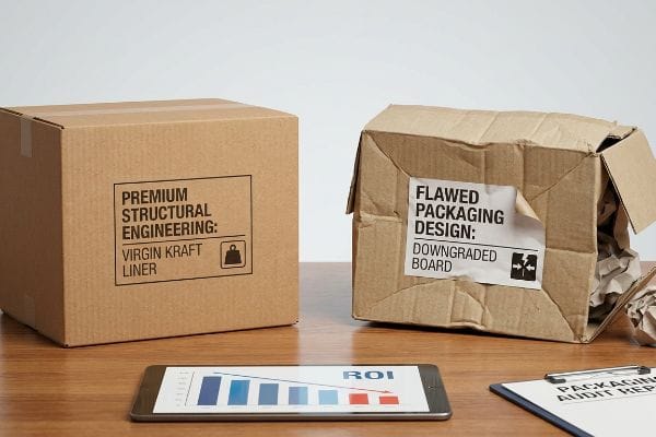 Sturdy Premium Structural Engineering box with Virgin Kraft Liner beside a crumpled Flawed Packaging Design box with Downgraded Board, illustrating negative ROI.