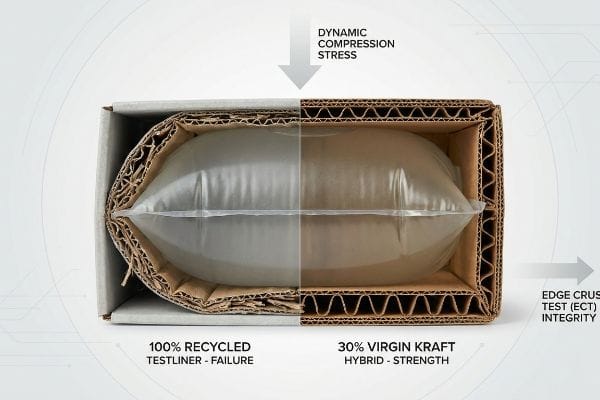 A corrugated box cross-section compares 100% Recycled Testliner failure to 30% Virgin Kraft Hybrid strength under Dynamic Compression Stress and Edge Crush Test (ECT) Integrity.