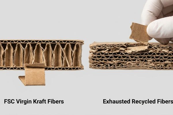 FSC Virgin Kraft Fibers corrugated board shows superior structural integrity, contrasting with Exhausted Recycled Fibers being torn.