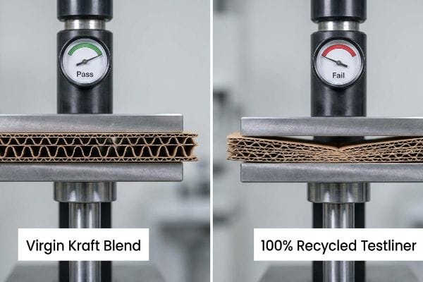 Virgin Kraft Blend corrugated cardboard passes compression test, while 100% Recycled Testliner fails with collapsed flutes.
