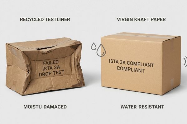 Damaged Recycled Testliner box failed Ista 3A Drop Test; Water-Resistant Virgin Kraft Paper box is Ista 3A Compliant.
