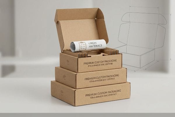 Três caixas de papelão ondulado marrom empilhadas, com certificação ISTA 6-Amazon SIOC, exibindo 