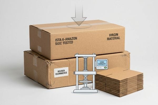 Brown corrugated cardboard boxes, one marked 'Virgin Material' and 'Ista 6-Amazon Sioc Tested' under a downward arrow, are stacked above a 'Reused Ecommerce' box, with a compression tester showing 'Load Capacity' and flat box blanks.