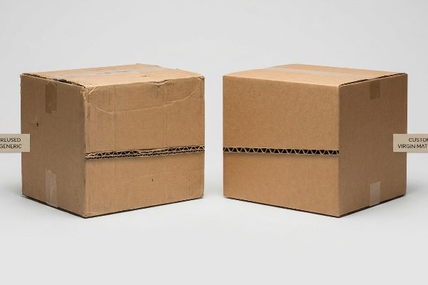 Worn Reused Generic cardboard box next to a crisp Custom Virgin Mat box, highlighting corrugated flute integrity.