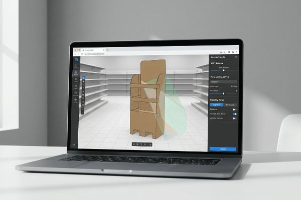 Laptop displaying a 3D corrugated retail display model in a virtual store aisle, with 360 Rotation and Visibility Zones.