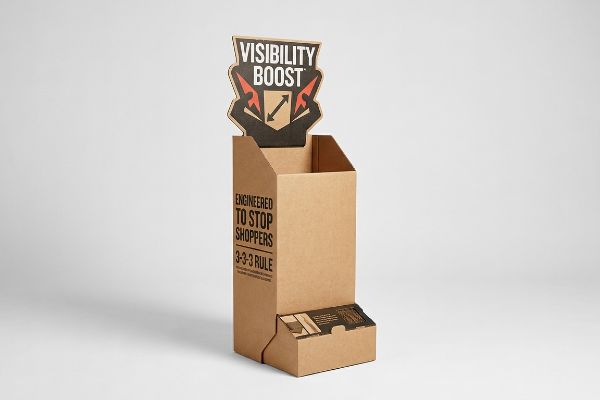 Brown corrugated cardboard retail display featuring a die-cut 