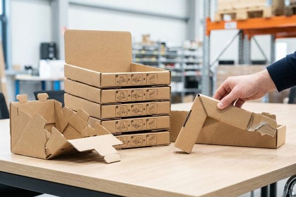 Caixas expositoras de papelão ondulado Kraft com guias visuais de montagem sem texto, mostrando uma mão montando uma bandeja modular para embalagem conjunta eficiente.