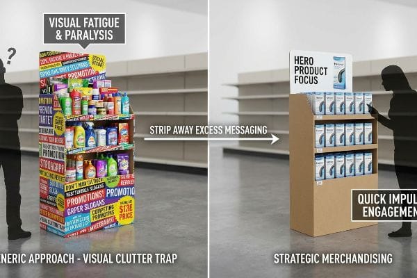 A split image contrasts a cluttered floor merchandiser, labeled 'Visual Clutter Trap' and 'Visual Fatigue & Paralysis', with a streamlined 'Strategic Merchandising' display featuring 'Hero Product Focus' for 'Quick Impulse Engagement'.
