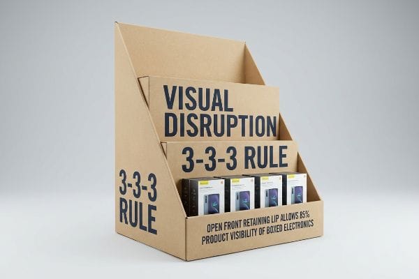 Le présentoir en carton ondulé met en avant la « règle 3-3-3 de la perturbation visuelle » et le « rebord de retenue avant ouvert » pour une visibilité de 85 % des appareils électroniques en boîte.