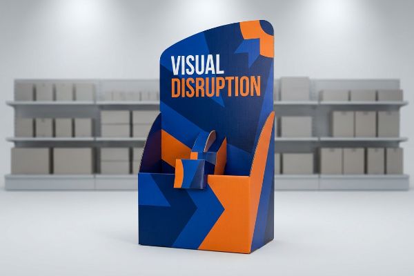 A blue and orange corrugated display features