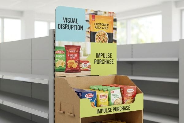Cardboard end cap display features a header with 'Visual Disruption' and 'Impulse Purchase' alongside Chaeries chips and various snack products.