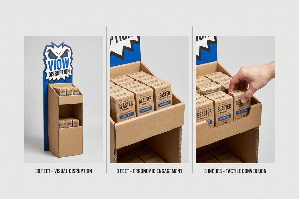 Cardboard display illustrating the 3-3-3 Rule: Viow Disruption, Beaster product engagement, and tactile conversion.