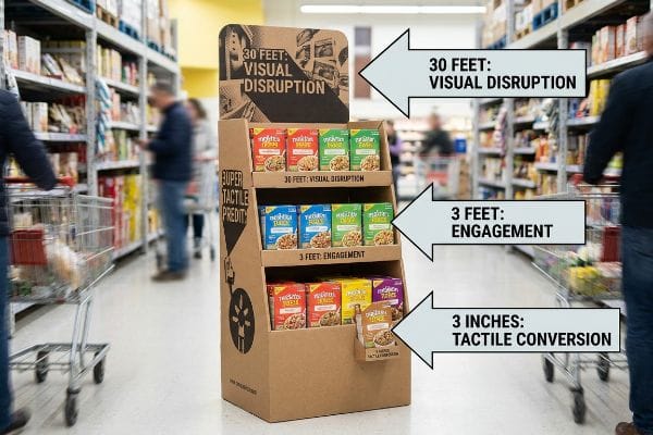 Corrugated cardboard display in a grocery aisle illustrates the 3-3-3 Rule: Visual Disruption, Engagement, and Tactile Conversion, featuring Medley's Treats products.
