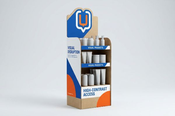 Cardboard point-of-purchase display with 'Visual Disruption' and 'High-Contrast Access' branding, showcasing white Visual Products on three shelves.