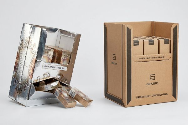Silver foil display with 'Zvede Apprmch - Visual Folie' and spilling products, contrasted with a Branio corrugated display showing 'Strategic Reality - Structural Balance'.