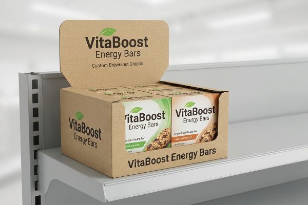 A brown cardboard shelf display unit presents VitaBoost Energy Bars with