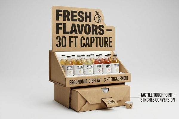 Corrugated Vital beverage display featuring 