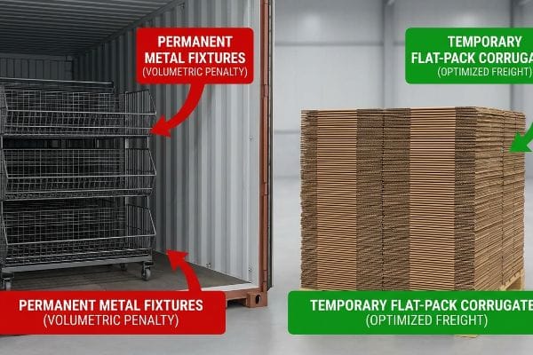 Freight Penalty Comparison Permanent Metal Fixtures (wire racks in container) show Volumetric Penalty, contrasted with Temporary Flat-Pack Corrugated for Optimized Freight.