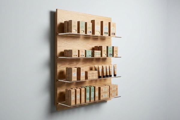 A wall-mounted POP display features natural kraft boxes and tubes on clear acrylic shelves against a light wood panel, showcasing vertical merchandising.