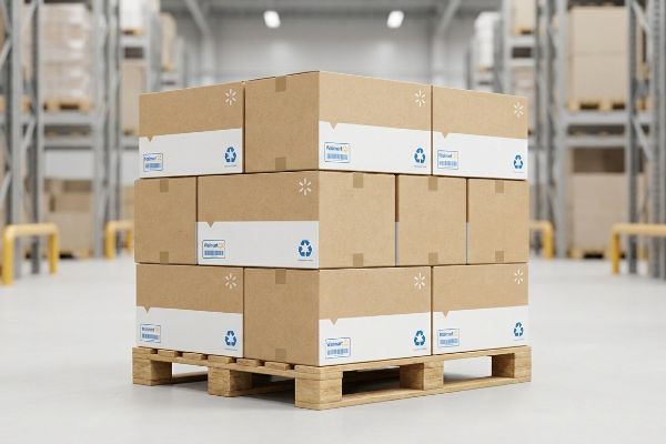 A stack of twelve Walmart branded cardboard boxes with recycling symbols on a wooden pallet in a warehouse.