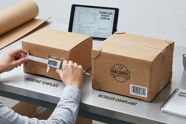 A person measures a Generic Template cardboard box with a digital caliper, next to a Walmart Compliance Certified Retailer Compliant box, with a tablet showing Dynamic Load Capacity >2,500 Lbs.