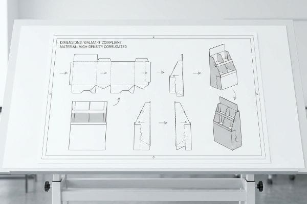 An assembly diagram for a retail display stand, showing 