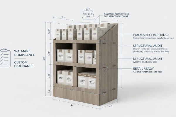 A detailed rendering of a multi-tiered wood-grain retail display unit, showcasing Walmart Compliance, Custom Disignance, Structural Audit, and Retail Ready specifications, with overall dimensions of 44