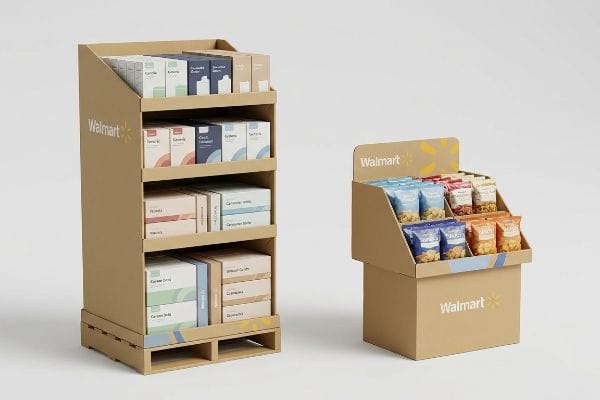 Two Walmart corrugated retail merchandisers, a tall floor display and a counter display, showcasing packaged products.