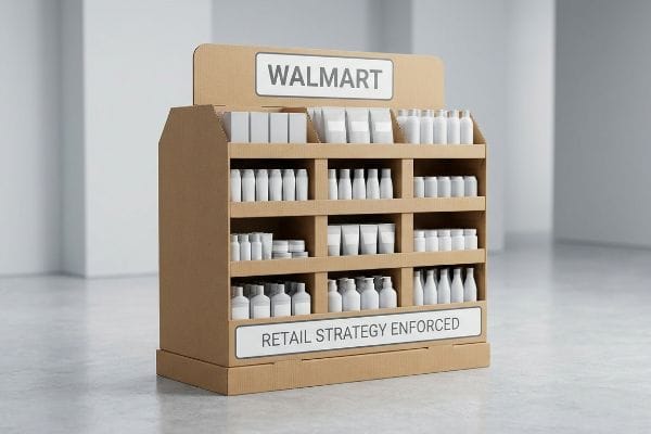 A multi-shelf corrugated cardboard Walmart display, stocked with white bottles and boxes, features 'Walmart' and 'Retail Strategy Enforced' signs.
