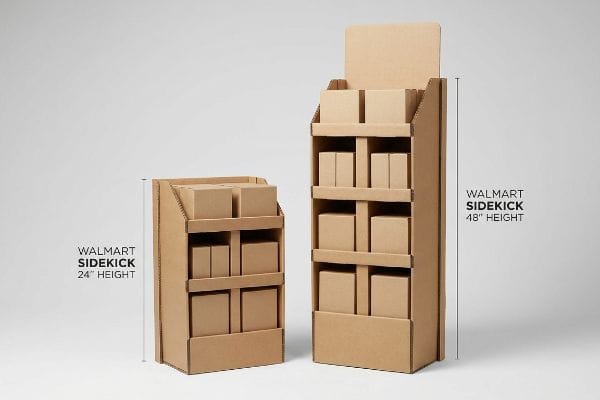 Two Walmart sidekick displays, 24-inch and 48-inch heights, showcasing corrugated cardboard construction filled with brown boxes.