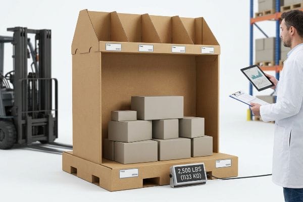 Heavy-Duty Display Weight Test Sturdy corrugated display showcasing 2,500 LBS (1133 KG) weight on a digital scale, with a man checking data and a forklift nearby, ideal for warehouse club logistics.