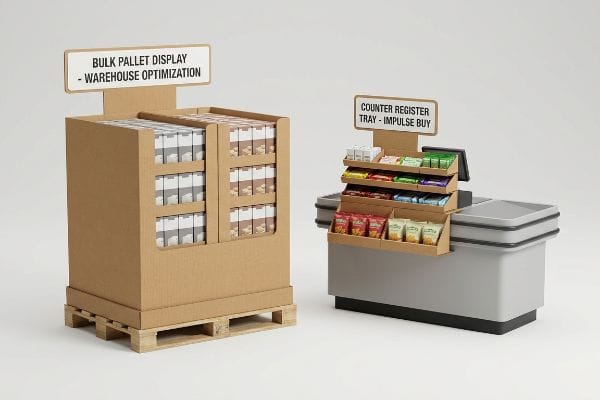 Showcasing two retail point-of-purchase solutions: a Bulk Pallet Display for Warehouse Optimization and a Counter Register Tray for Impulse Buy.