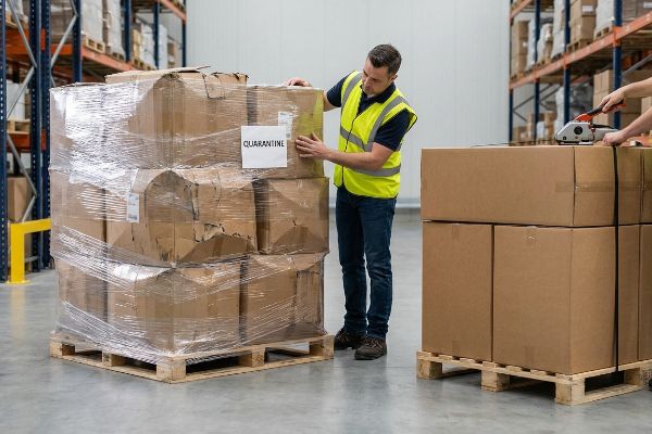 Shrink-wrapped cardboard boxes labeled Quarantine are inspected by a worker in a warehouse, highlighting reverse logistics.