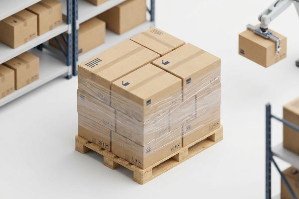 Automated 3PL warehouse showing shrink-wrapped cardboard boxes on a wooden pallet and a robotic arm handling a package.