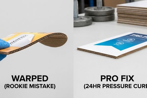 Corrugated cardboard comparison showing a warped display panel, labeled 