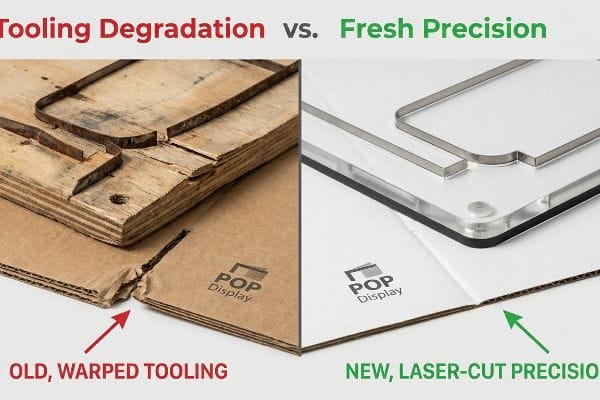 Old, Warped Tooling with rusted steel rule causing jagged cardboard cuts vs. New, Laser-Cut Precision acrylic for POP Display.