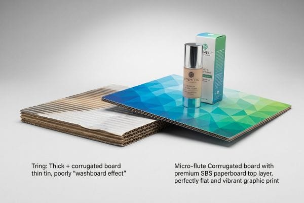 Tring thick corrugated board with washboard effect next to micro-flute SBS paperboard with vibrant cosmetic print.