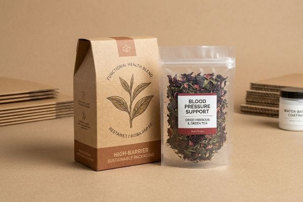High-Barrier Tea Packaging Kraft box, Blood Pressure Support tea pouch, High-Barrier Sustainable Packaging, Water Based Coating.