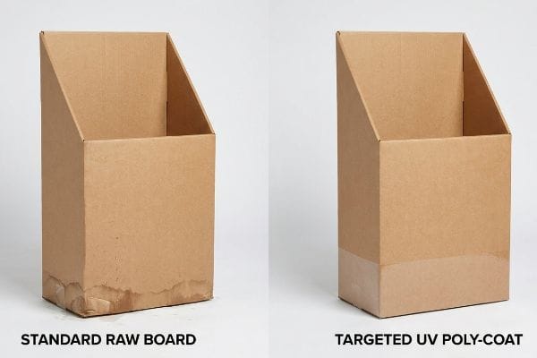 Cardboard display boxes comparing a water-damaged Standard Raw Board with a pristine Targeted UV Poly-Coat.