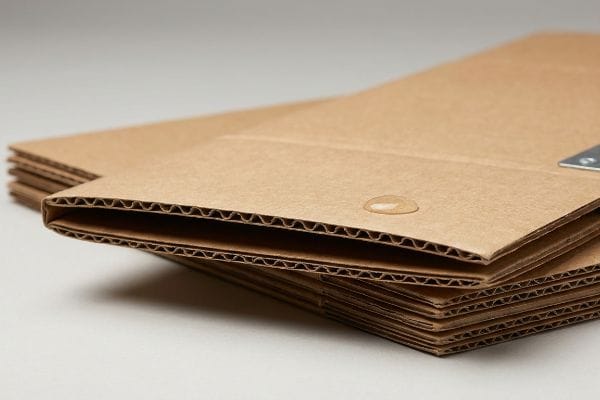 Une goutte d'eau transparente repose sur des piles de carton ondulé brun, mettant en évidence son revêtement résistant à l'humidité et sa structure en cannelure B visible.