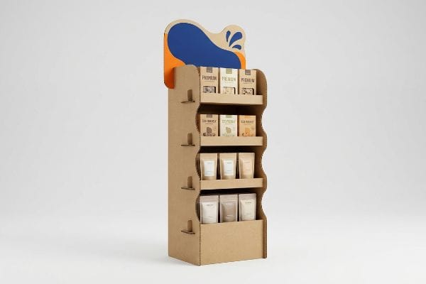 Kraft cardboard POP display with wavy die-cut header and shelves, featuring 'Premium', 'Eco-Smartly', and 'Go-Nuts' products.